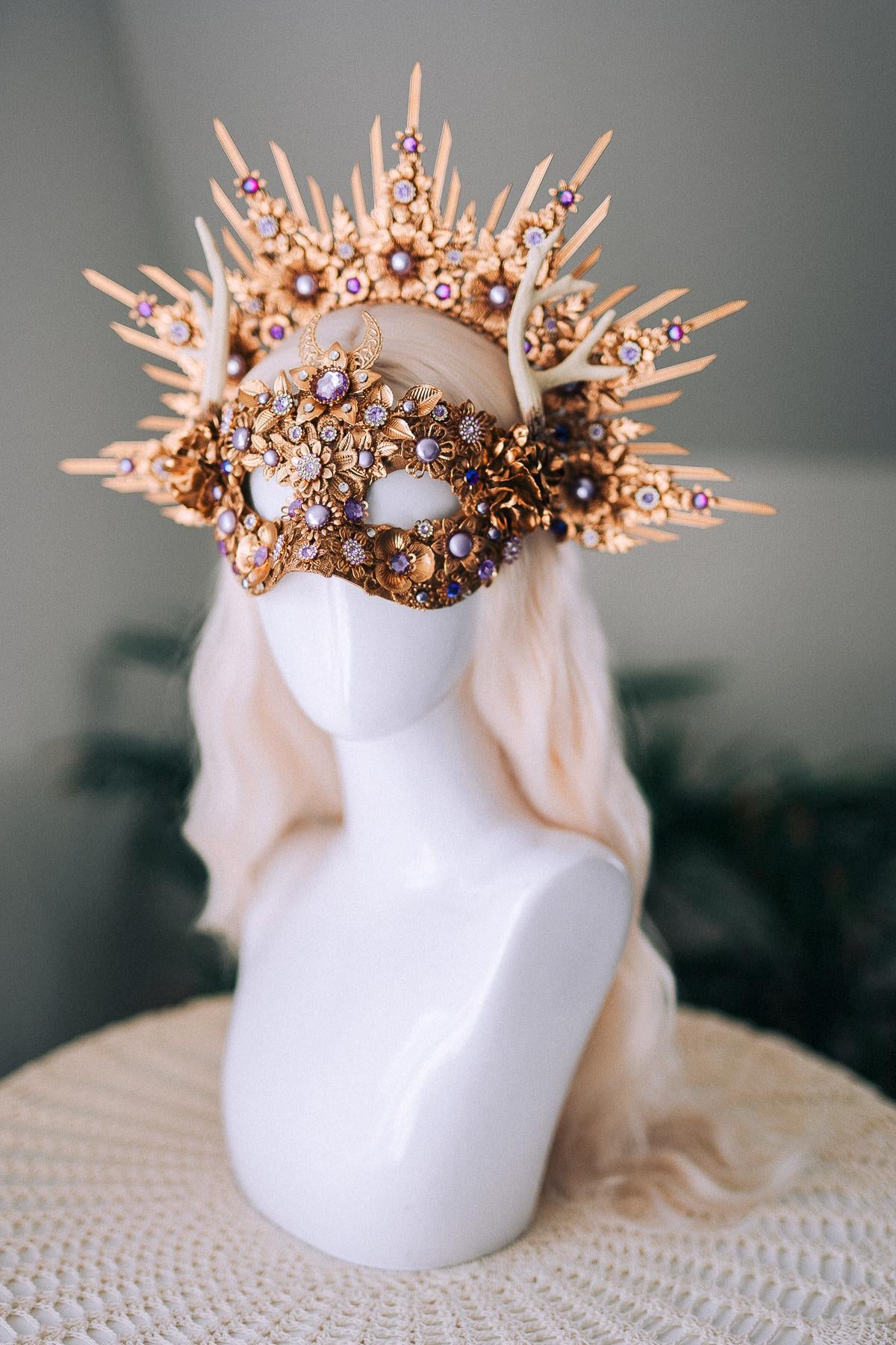 Gold Masquerade Mask Halloween Crown Deer Antler Mask And Crown Set Floral Halo Crown Goddess Costume Masked Ball Headpiece