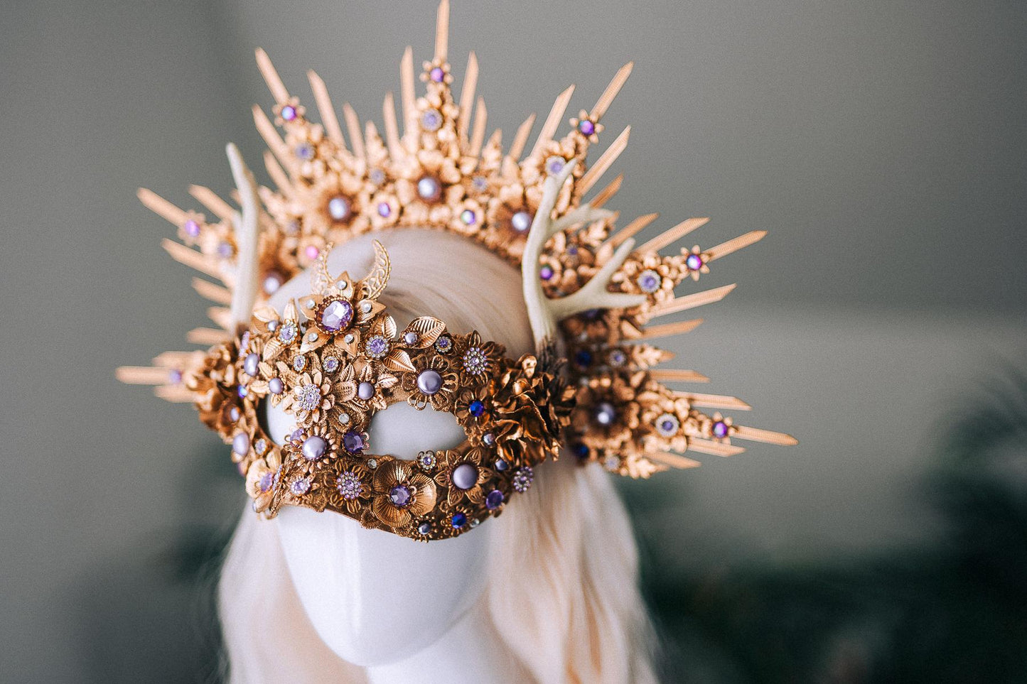 Gold Masquerade Mask Halloween Crown Deer Antler Mask And Crown Set Floral Halo Crown Goddess Costume Masked Ball Headpiece