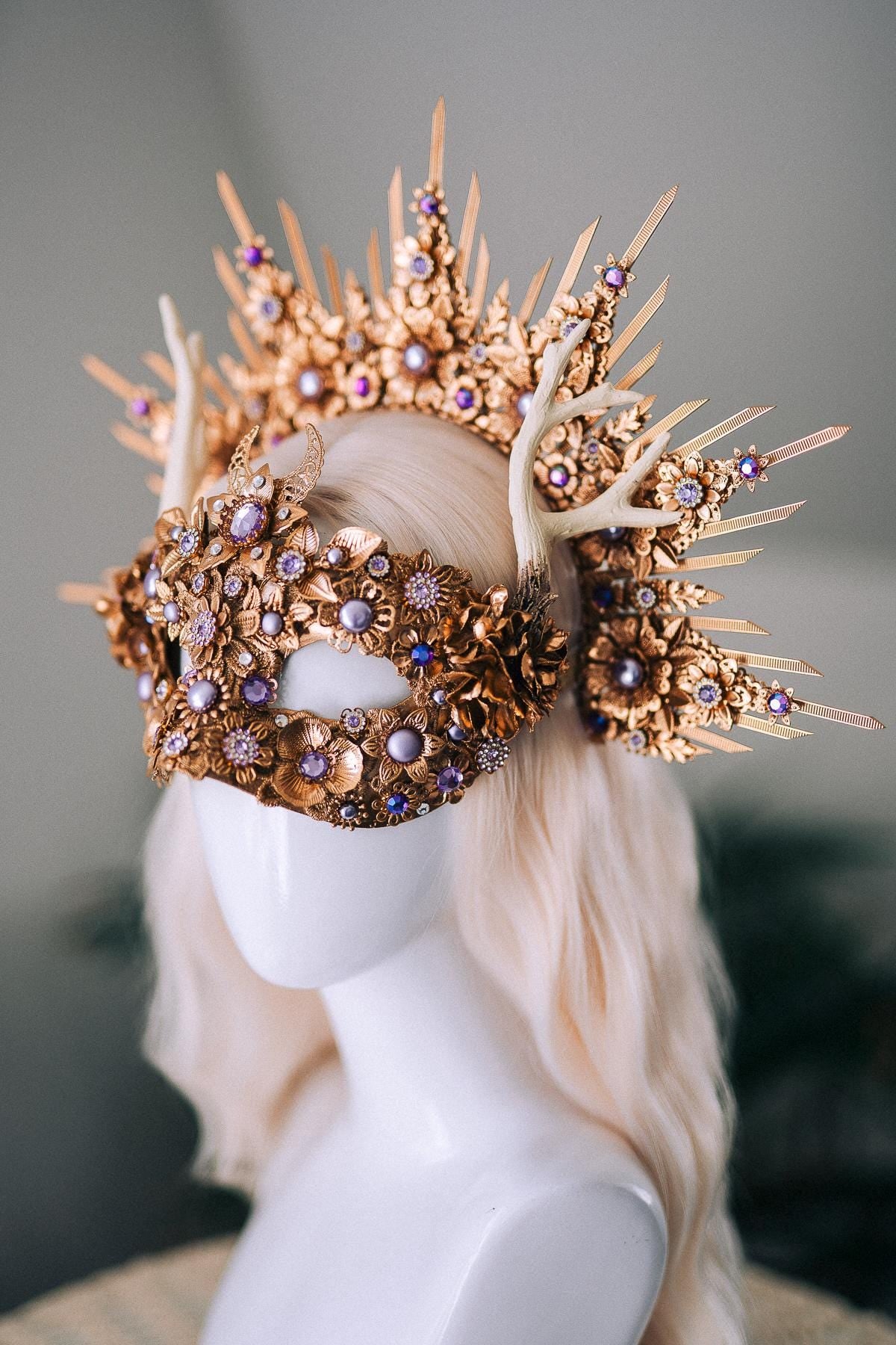 Gold Masquerade Mask Halloween Crown Deer Antler Mask And Crown Set Floral Halo Crown Goddess Costume Masked Ball Headpiece