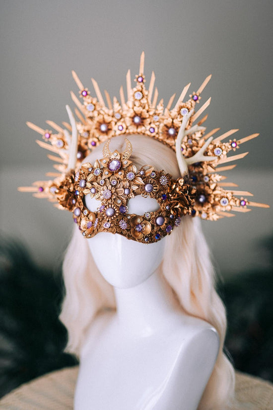 Gold Masquerade Mask Halloween Crown Deer Antler Mask And Crown Set Floral Halo Crown Goddess Costume Masked Ball Headpiece