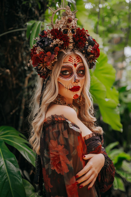 Golden Skull Halo Crown Red Flowers Sacred Heart Halloween Headdress La Catrina Costume Dia De Los Muertos