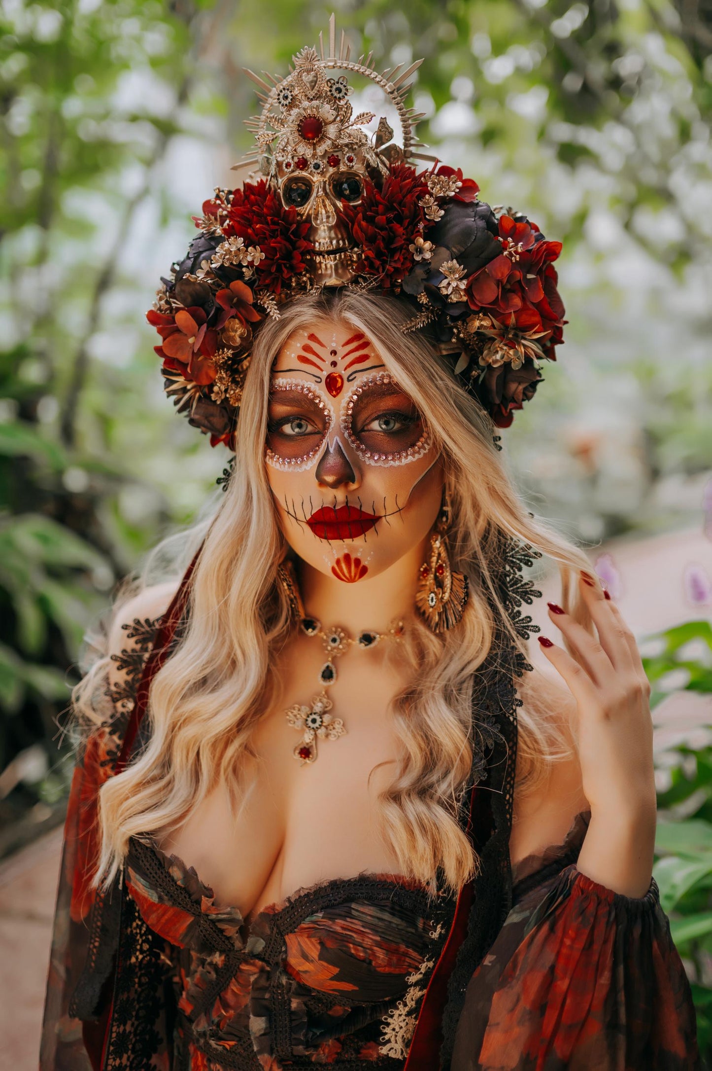 Golden Skull Halo Crown Red Flowers Sacred Heart Halloween Headdress La Catrina Costume Dia De Los Muertos