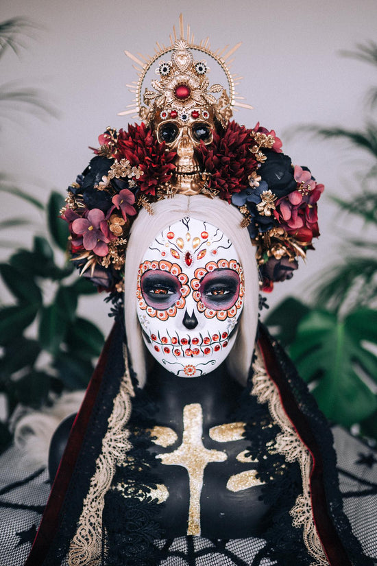 Golden Skull Halo Crown Red Flowers Sacred Heart Halloween Headdress La Catrina Costume Dia De Los Muertos
