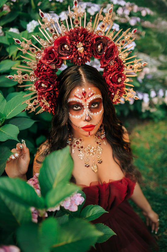La Catrina Necklace And Crown Day Of The Dead Burgundy Halo Headpiece Sacred Heart Jewelry Gothic Costume