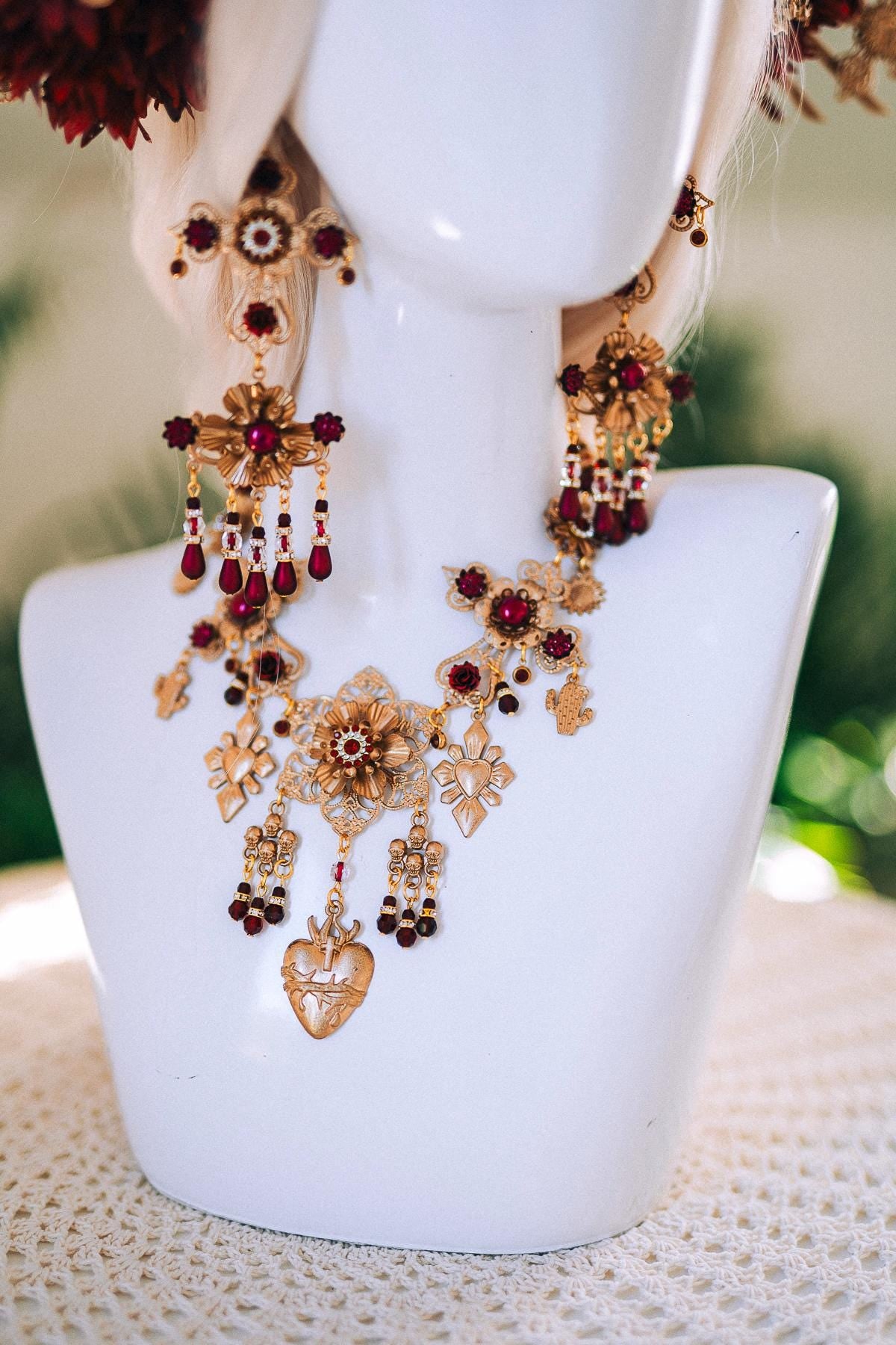 La Catrina Necklace And Crown Day Of The Dead Burgundy Halo Headpiece Sacred Heart Jewelry Gothic Costume