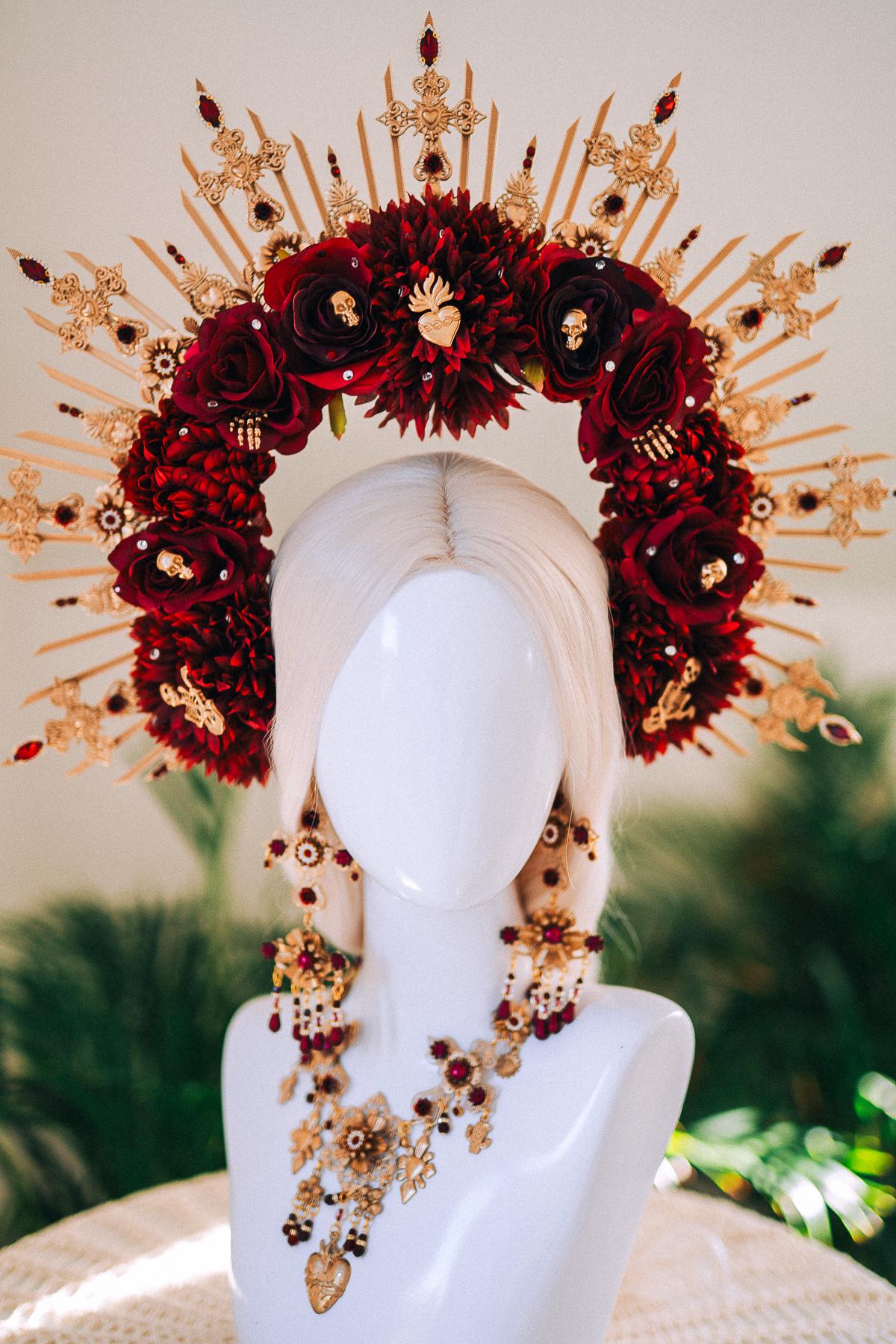 La Catrina Necklace And Crown Day Of The Dead Burgundy Halo Headpiece Sacred Heart Jewelry Gothic Costume
