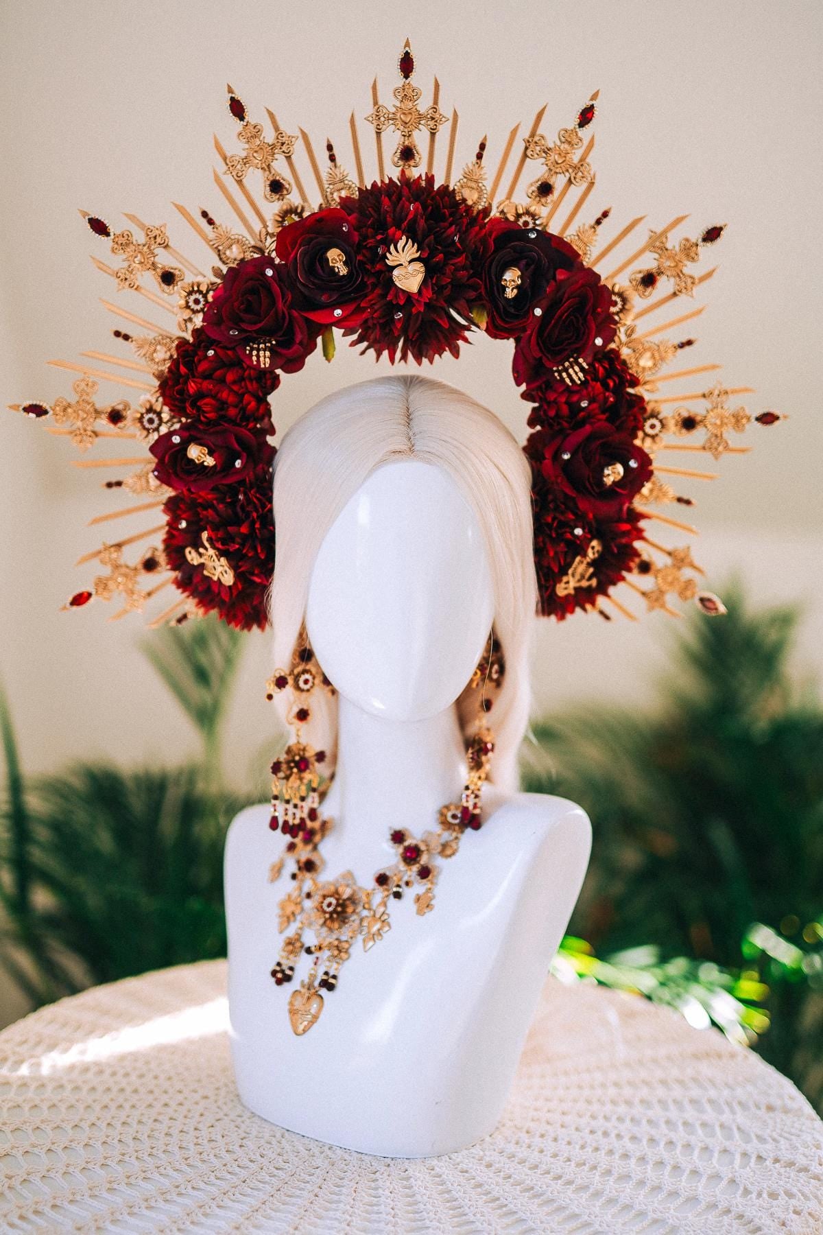 La Catrina Necklace And Crown Day Of The Dead Burgundy Halo Headpiece Sacred Heart Jewelry Gothic Costume