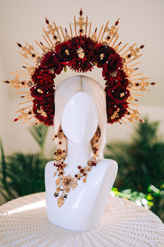 La Catrina Necklace And Crown Day Of The Dead Burgundy Halo Headpiece Sacred Heart Jewelry Gothic Costume