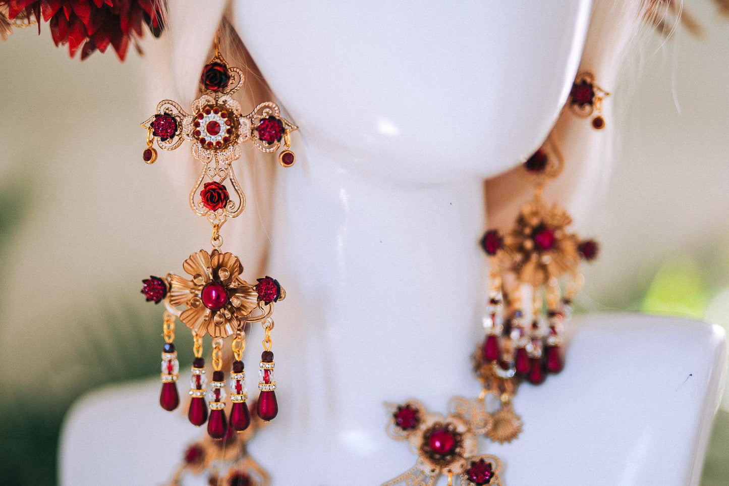 La Catrina Earrings Sacred Heart Burgundy Red Gold Halloween Jewelry Día De Los Muertos Mexican Style Statement Earrings