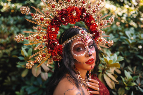 La Catrina Crown Burgundy Red Halo Crown Day Of The Dead Headpiece Mexican Costume Sacred Heart Flowers Gold Spikes Halloween Tiara