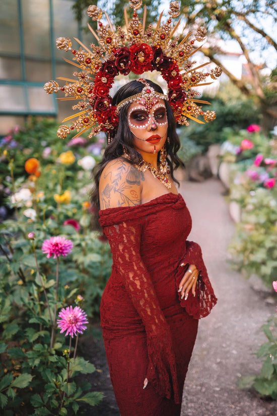 La Catrina Crown Burgundy Red Halo Crown Day Of The Dead Headpiece Mexican Costume Sacred Heart Flowers Gold Spikes Halloween Tiara
