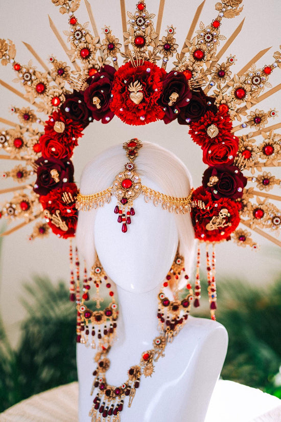 La Catrina Crown Burgundy Red Halo Crown Day Of The Dead Headpiece Mexican Costume Sacred Heart Flowers Gold Spikes Halloween Tiara