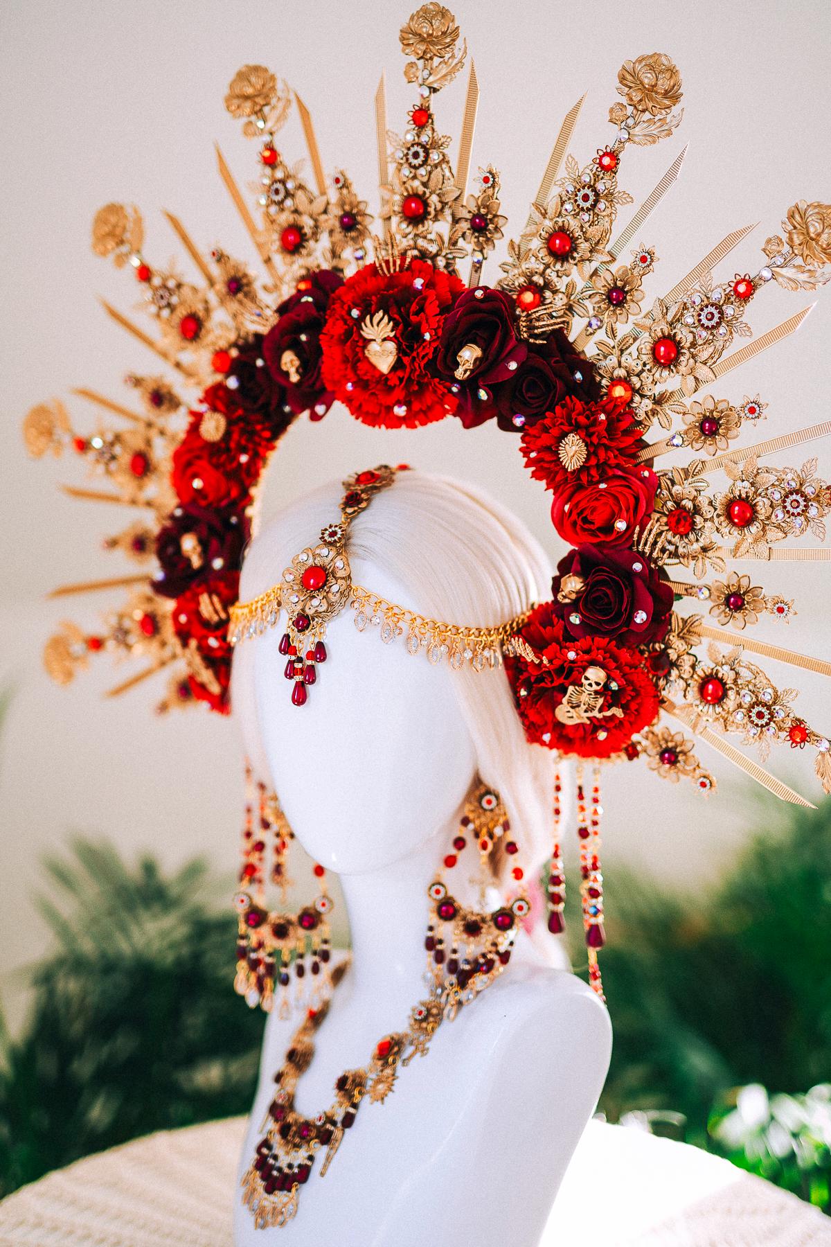 La Catrina Crown Burgundy Red Halo Crown Day Of The Dead Headpiece Mexican Costume Sacred Heart Flowers Gold Spikes Halloween Tiara