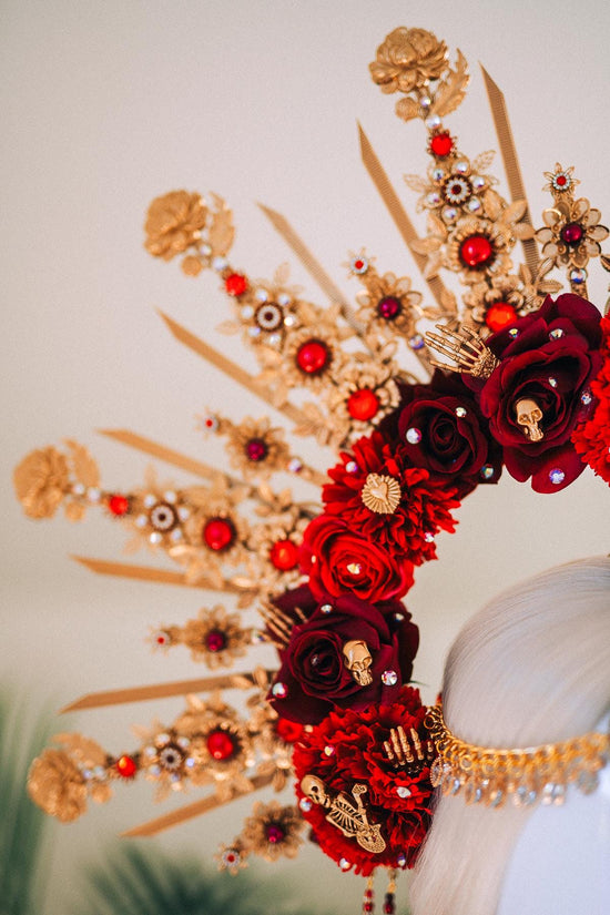 La Catrina Crown Burgundy Red Halo Crown Day Of The Dead Headpiece Mexican Costume Sacred Heart Flowers Gold Spikes Halloween Tiara