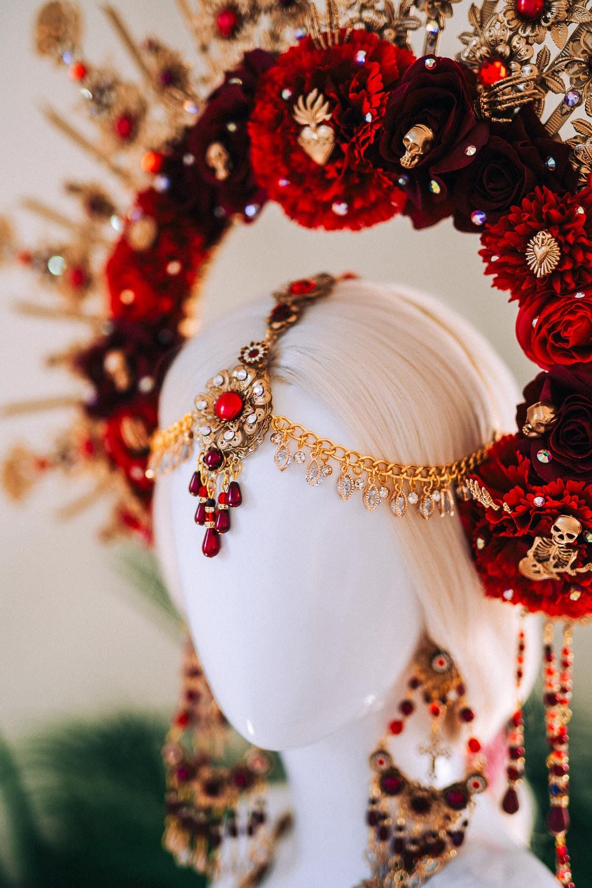 La Catrina Crown Burgundy Red Halo Crown Day Of The Dead Headpiece Mexican Costume Sacred Heart Flowers Gold Spikes Halloween Tiara