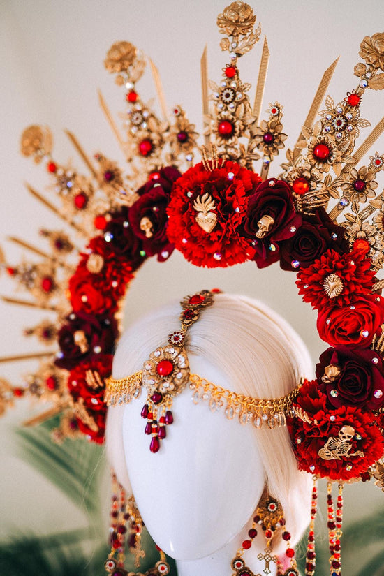 La Catrina Crown Burgundy Red Halo Crown Day Of The Dead Headpiece Mexican Costume Sacred Heart Flowers Gold Spikes Halloween Tiara