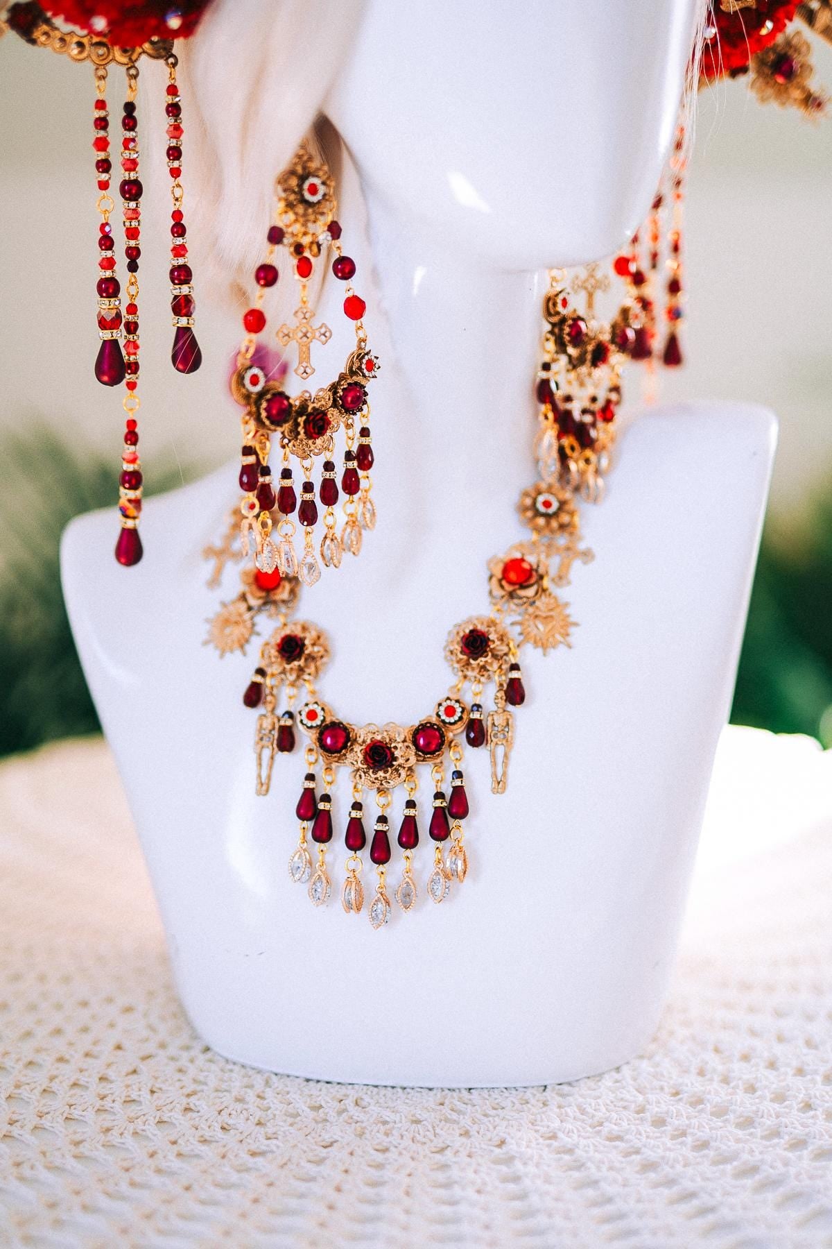 Crimson Skull Necklace Día De Muertos Statement Choker Gothic Red Roses Halloween Jewelry