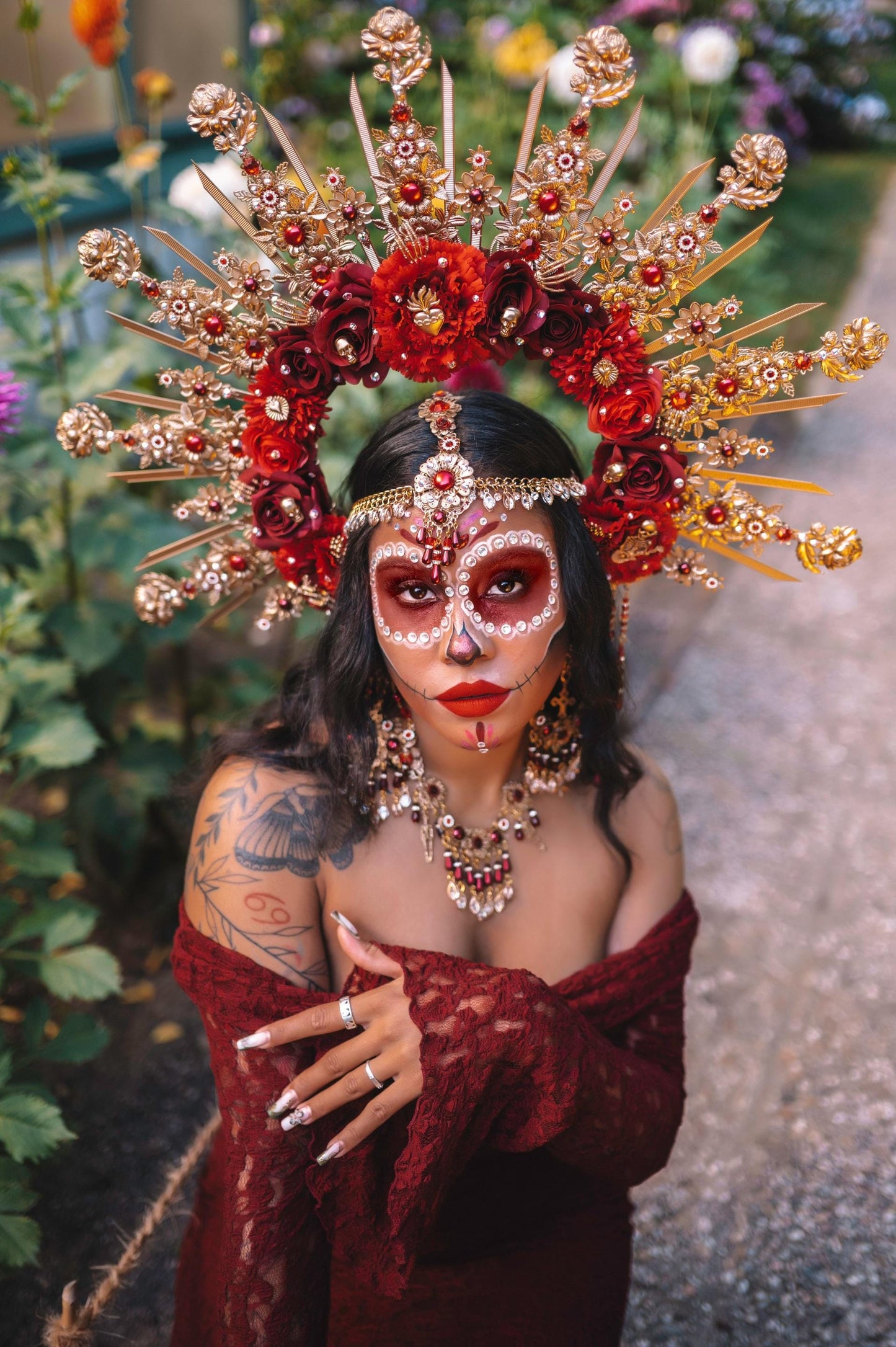 La Catrina Skull Flower Earrings Statement Jewelry Day Of Dead Dia De Muertos Festival Accessory Mexican Style Gothic Earring Set