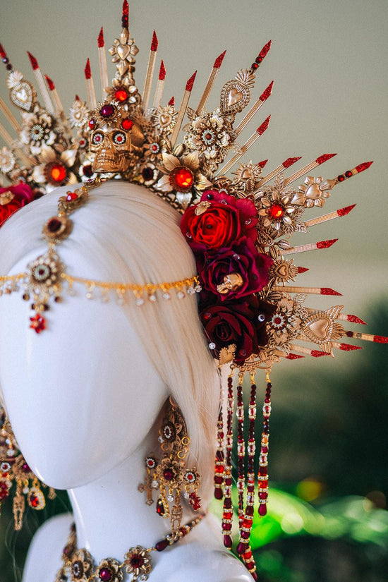 La Catrina Crown Red Gold Rose Skull Headpiece Mexican Halo Crown Dia De Los Muertos Floral Headband Festival Costume Crown