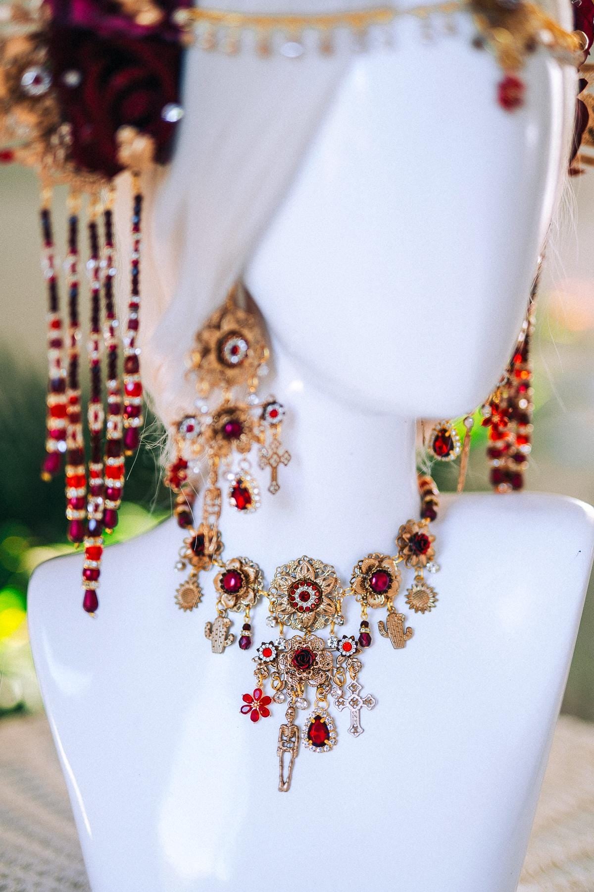 Red Gold Calavera Necklace Day Of The Dead Jewelry La Catrina Choker Sugar Skull Dia De Muertos Statement Necklace