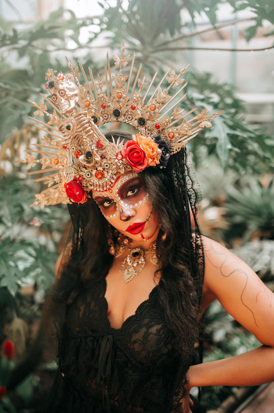 La Catrina Skeleton Halo Crown Gold Red Black Lace Flowers Day Of The Dead Costume Headpiece Dia De Los Muertos Crown