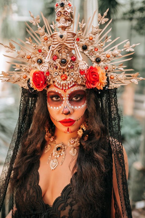 La Catrina Skeleton Halo Crown Gold Red Black Lace Flowers Day Of The Dead Costume Headpiece Dia De Los Muertos Crown
