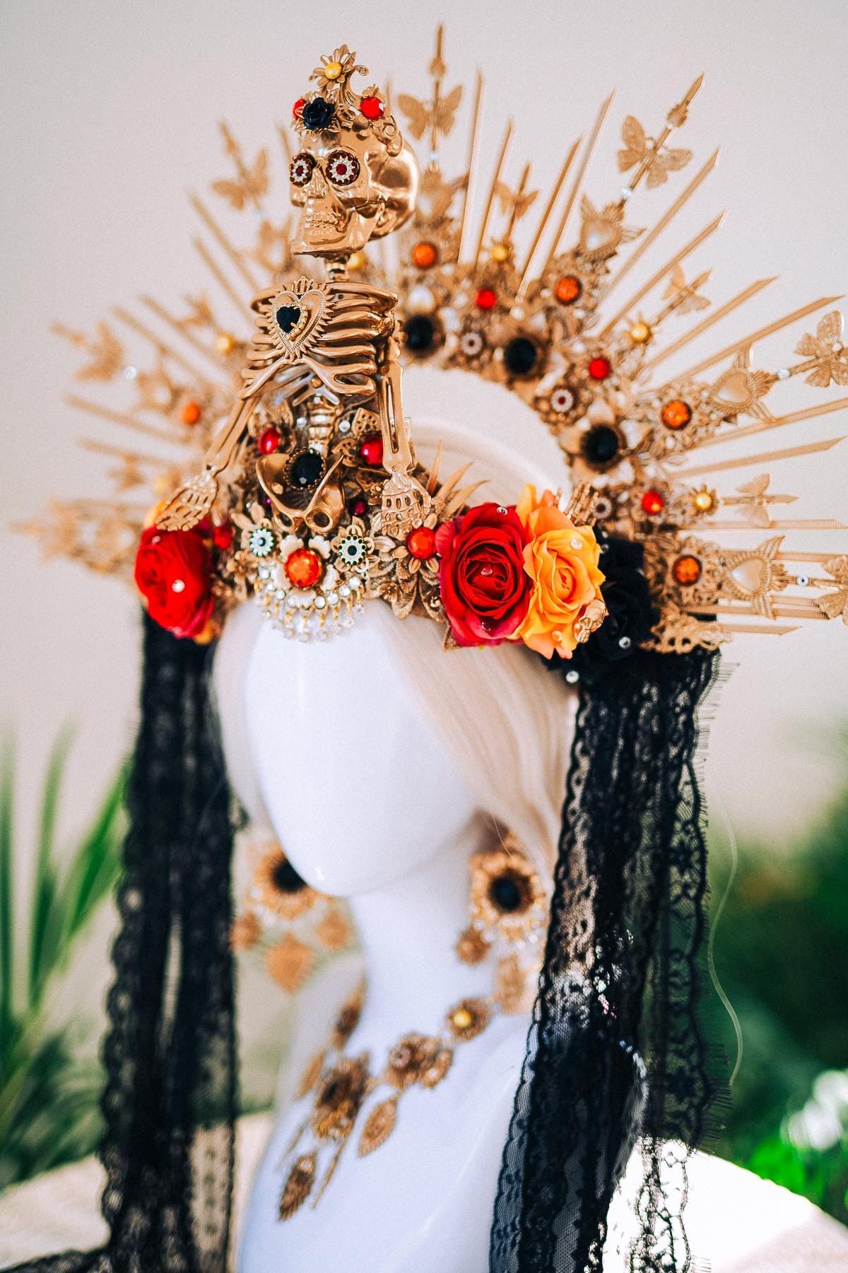 La Catrina Skeleton Halo Crown Gold Red Black Lace Flowers Day Of The Dead Costume Headpiece Dia De Los Muertos Crown