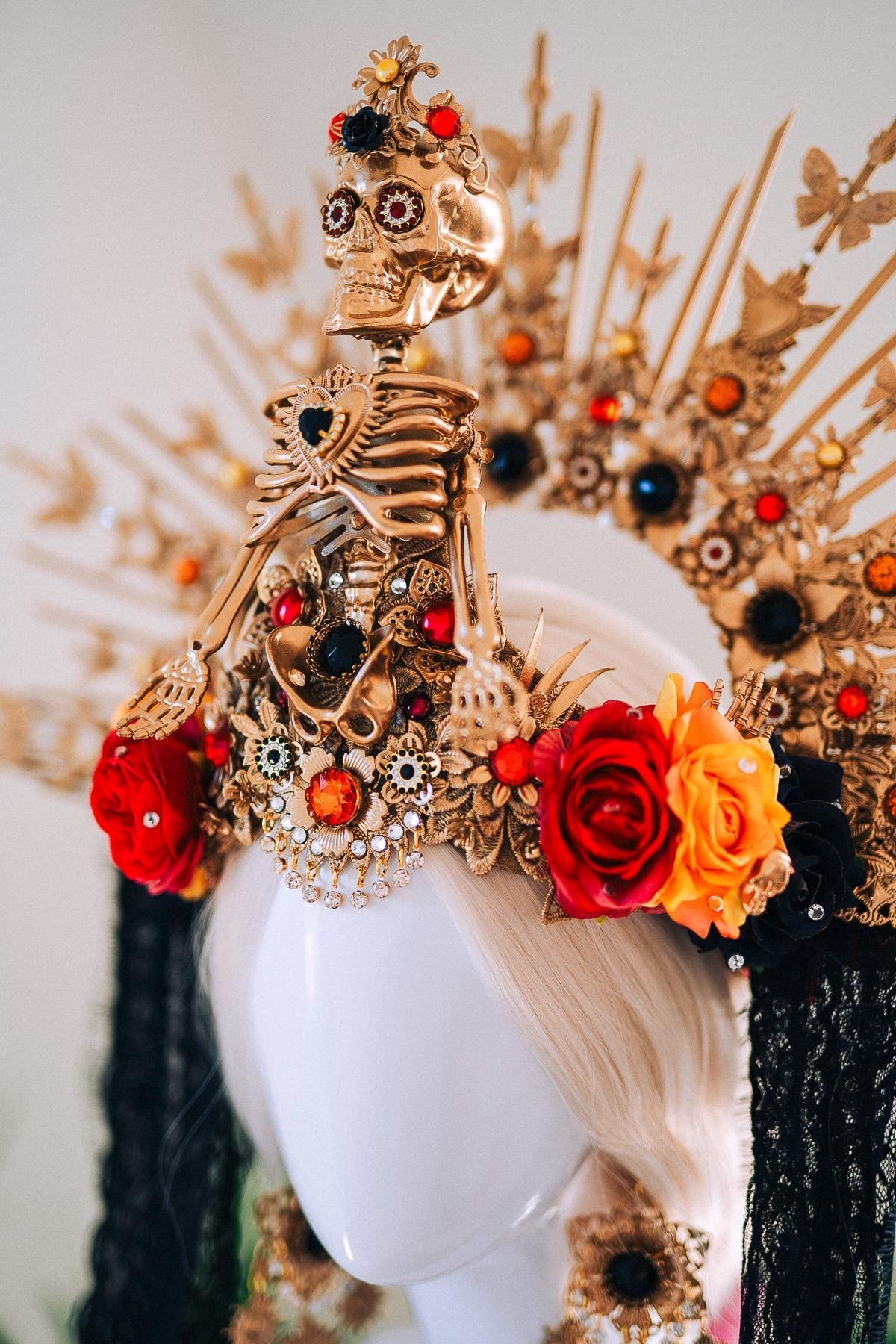 La Catrina Skeleton Halo Crown Gold Red Black Lace Flowers Day Of The Dead Costume Headpiece Dia De Los Muertos Crown