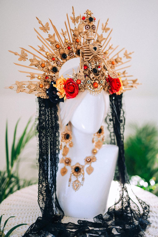 La Catrina Sacred Earrings Mexican Sugar Skull Jewelry Dia De Los Muertos Gold Black Floral Statement Festival Accessory