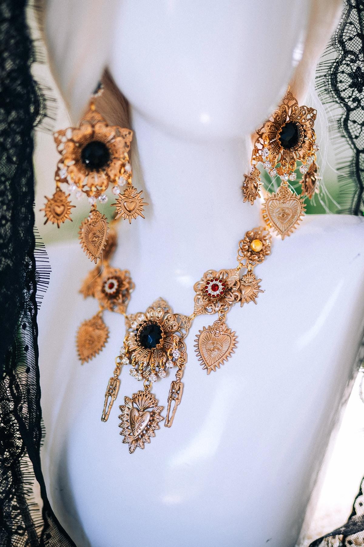 La Catrina Sacred Earrings Mexican Sugar Skull Jewelry Dia De Los Muertos Gold Black Floral Statement Festival Accessory