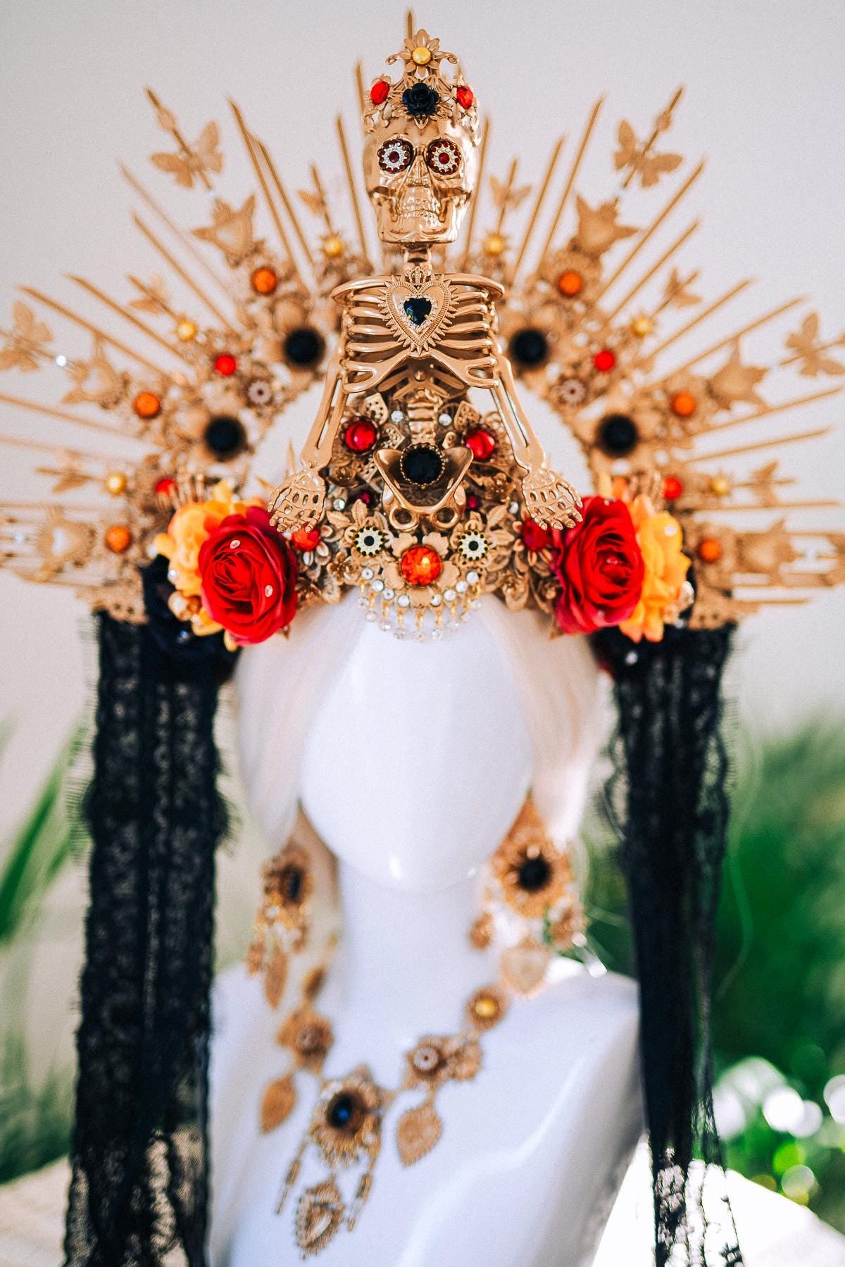 La Catrina Sacred Earrings Mexican Sugar Skull Jewelry Dia De Los Muertos Gold Black Floral Statement Festival Accessory