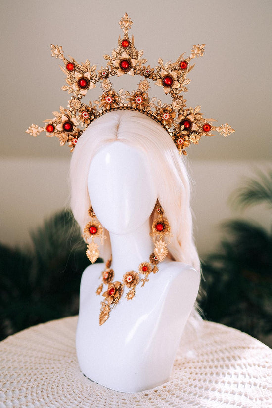 La Catrina Crown Red Gold Rose Skull Headpiece Mexican Halo Crown Dia De Los Muertos Floral Headband Festival Costume Crown