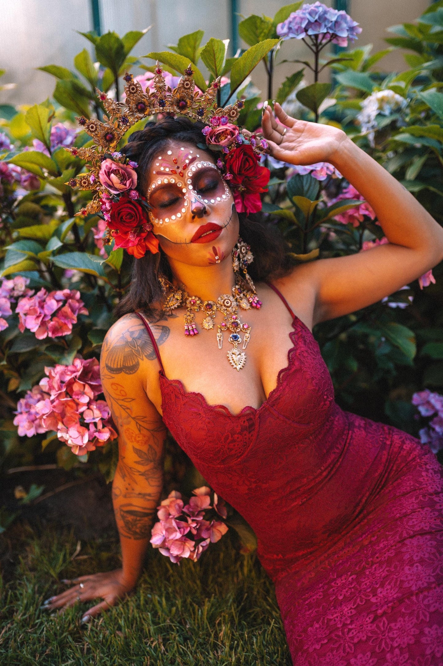 La Catrina Fuchsia Gold Necklace Halo Crown Gothic Jewelry Day Of The Dead Costume Mexican Style Festival Outfit Statement Choker