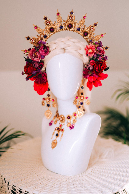 La Catrina Fuchsia Gold Necklace Halo Crown Gothic Jewelry Day Of The Dead Costume Mexican Style Festival Outfit Statement Choker