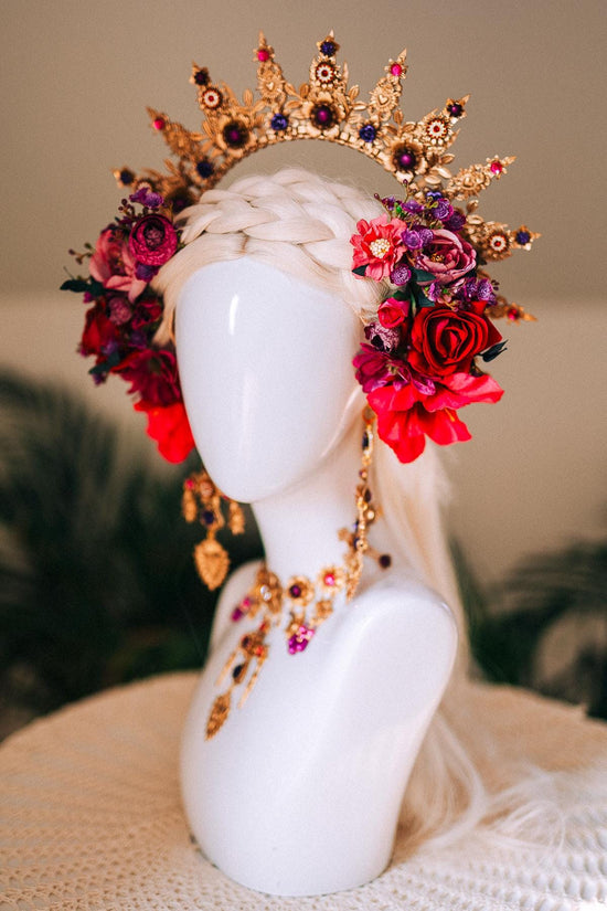 Fuchsia Flower Hairpins La Catrina Crown Accessories Headpiece Floral Boho Bridal Pink Hair Jewelry Festival Costume Halo