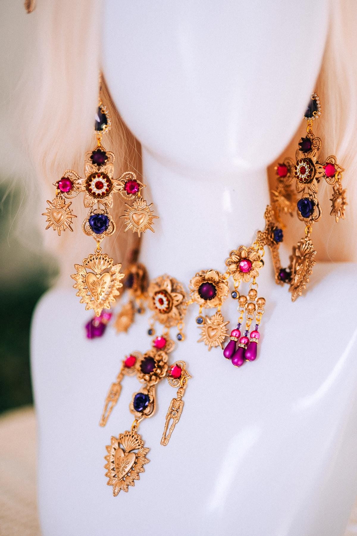 La Catrina Fuchsia Gold Necklace Halo Crown Gothic Jewelry Day Of The Dead Costume Mexican Style Festival Outfit Statement Choker