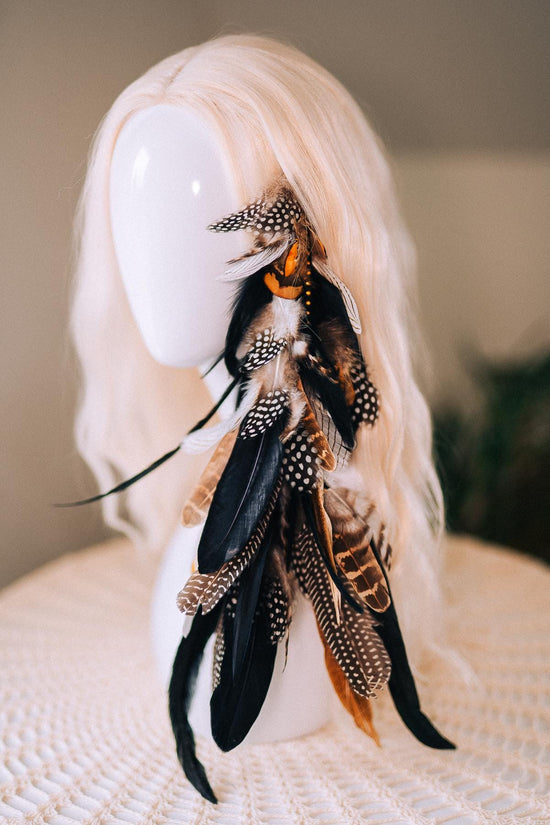 Black and White Feather Hair Clip, Natural Boho Festival Hairpiece, Handmade Carnival Hair Accessory, Statement Costume Hair Clip