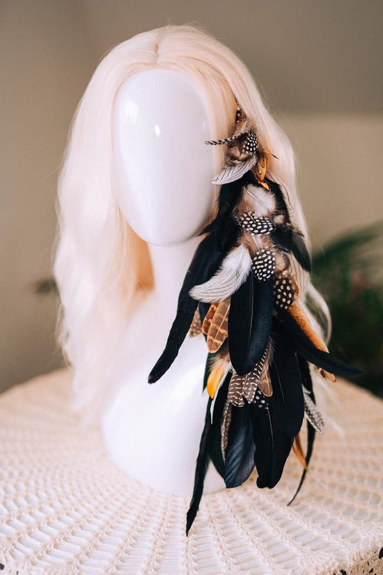 Black and White Feather Hair Clip, Natural Boho Festival Hairpiece, Handmade Carnival Hair Accessory, Statement Costume Hair Clip