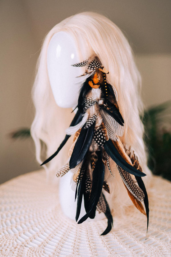 Black and White Feather Hair Clip, Natural Boho Festival Hairpiece, Handmade Carnival Hair Accessory, Statement Costume Hair Clip