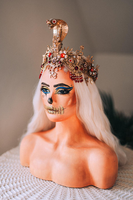 Cleopatra Crown Gold Snake Headdress Red Gem Halo Crown Egyptian Costume Ankh Jewelry Queen of Egypt Halloween Headpiece
