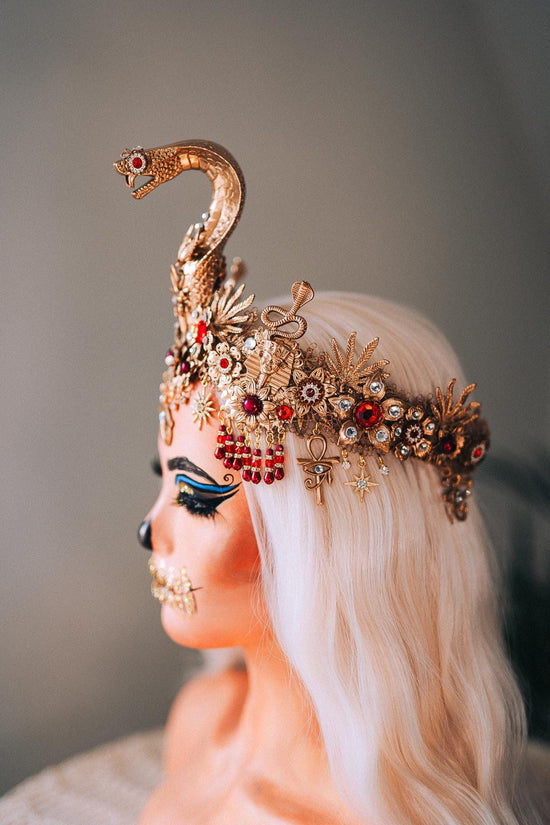 Cleopatra Crown Gold Snake Headdress Red Gem Halo Crown Egyptian Costume Ankh Jewelry Queen of Egypt Halloween Headpiece