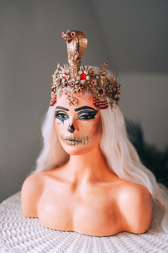 Cleopatra Crown Gold Snake Headdress Red Gem Halo Crown Egyptian Costume Ankh Jewelry Queen of Egypt Halloween Headpiece
