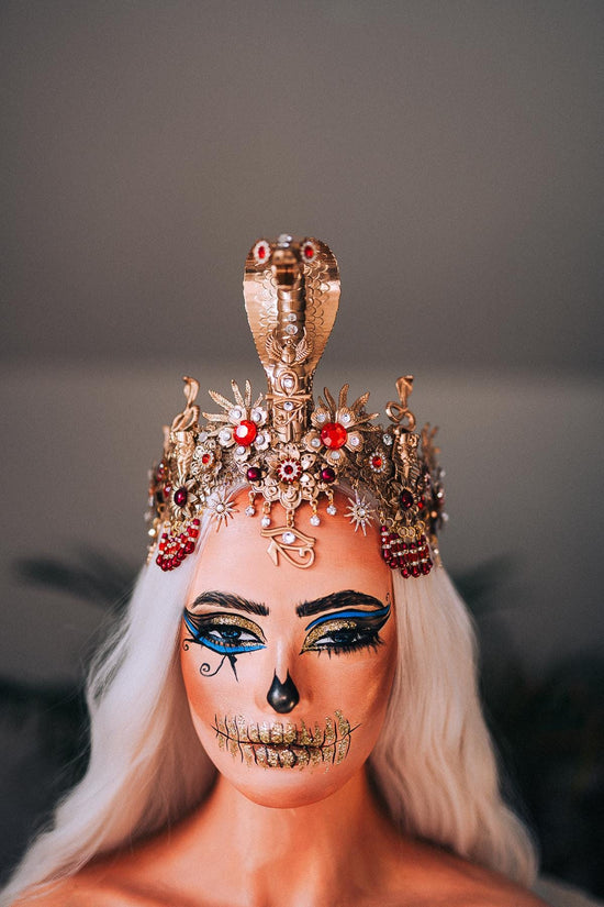 Cleopatra Crown Gold Snake Headdress Red Gem Halo Crown Egyptian Costume Ankh Jewelry Queen of Egypt Halloween Headpiece