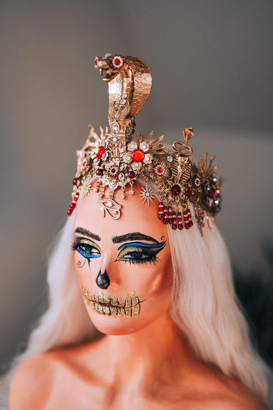 Cleopatra Crown Gold Snake Headdress Red Gem Halo Crown Egyptian Costume Ankh Jewelry Queen of Egypt Halloween Headpiece