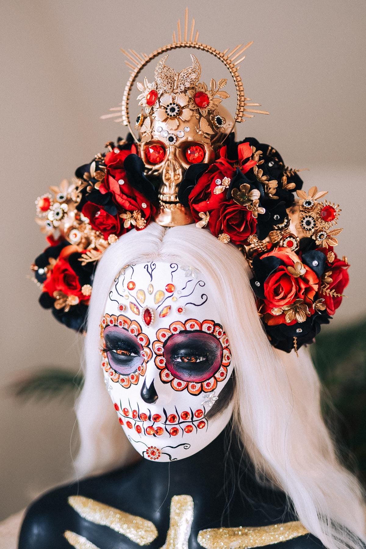 La Catrina Skull Crown Red Black Roses Gold Halo Headpiece for Día de los Muertos Halloween Costume Sugar Skull Look
