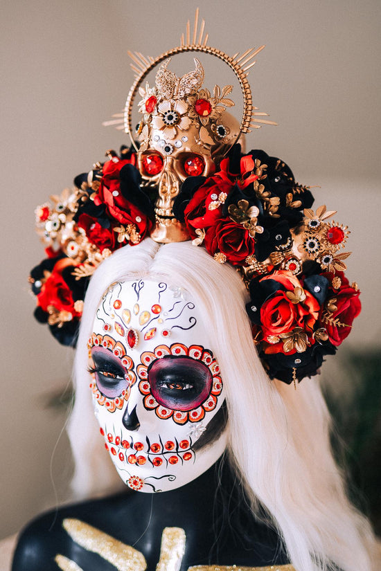 La Catrina Skull Crown Red Black Roses Gold Halo Headpiece for Día de los Muertos Halloween Costume Sugar Skull Look