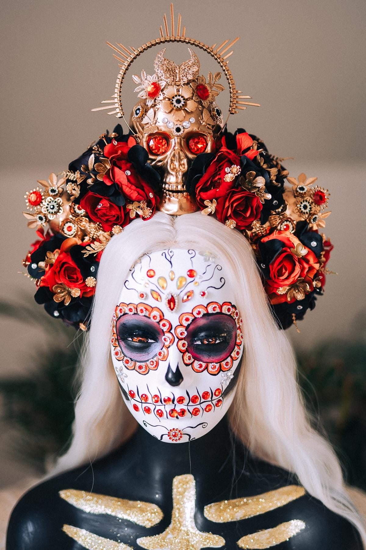 La Catrina Skull Crown Red Black Roses Gold Halo Headpiece for Día de los Muertos Halloween Costume Sugar Skull Look