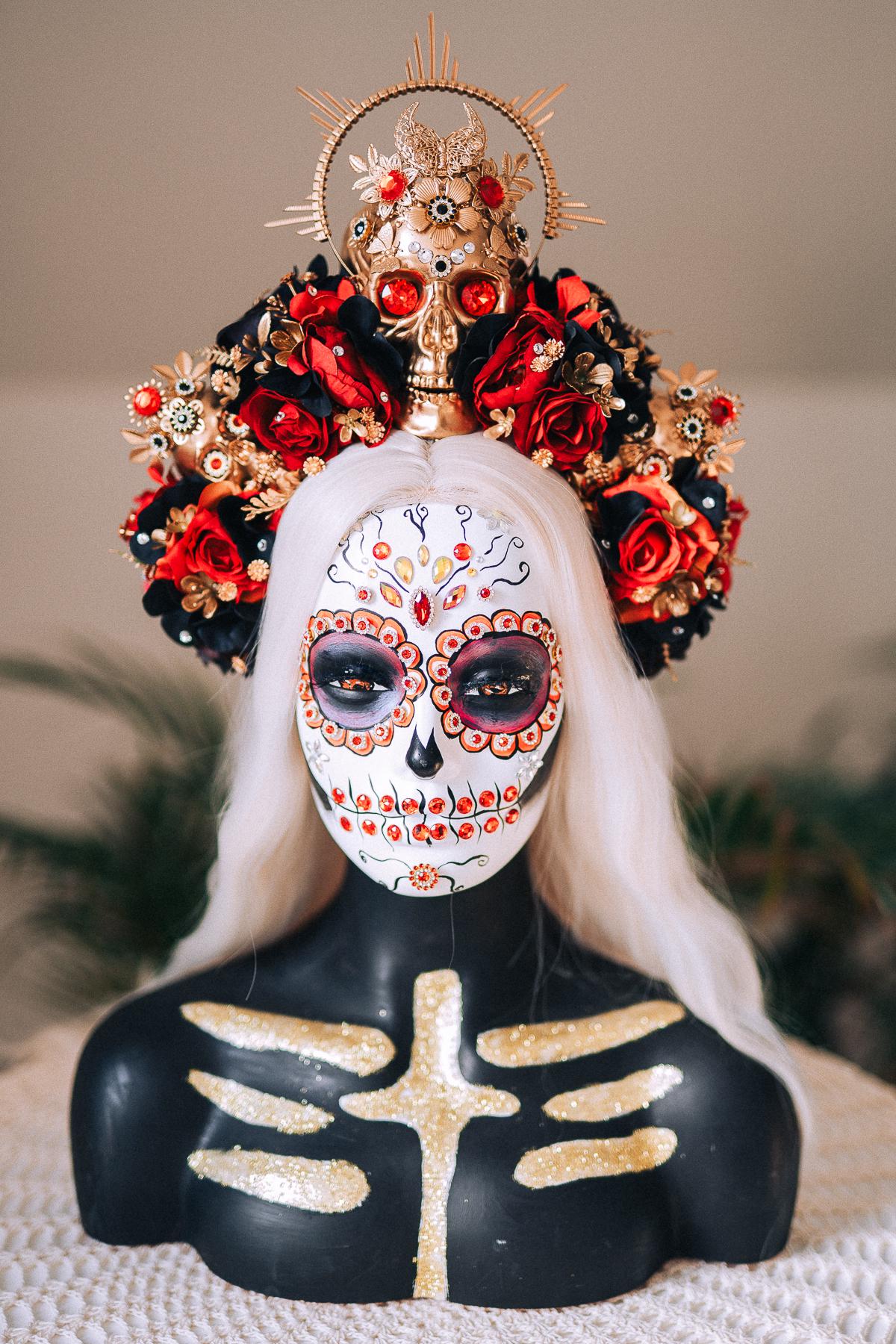 La Catrina Skull Crown Red Black Roses Gold Halo Headpiece for Día de los Muertos Halloween Costume Sugar Skull Look