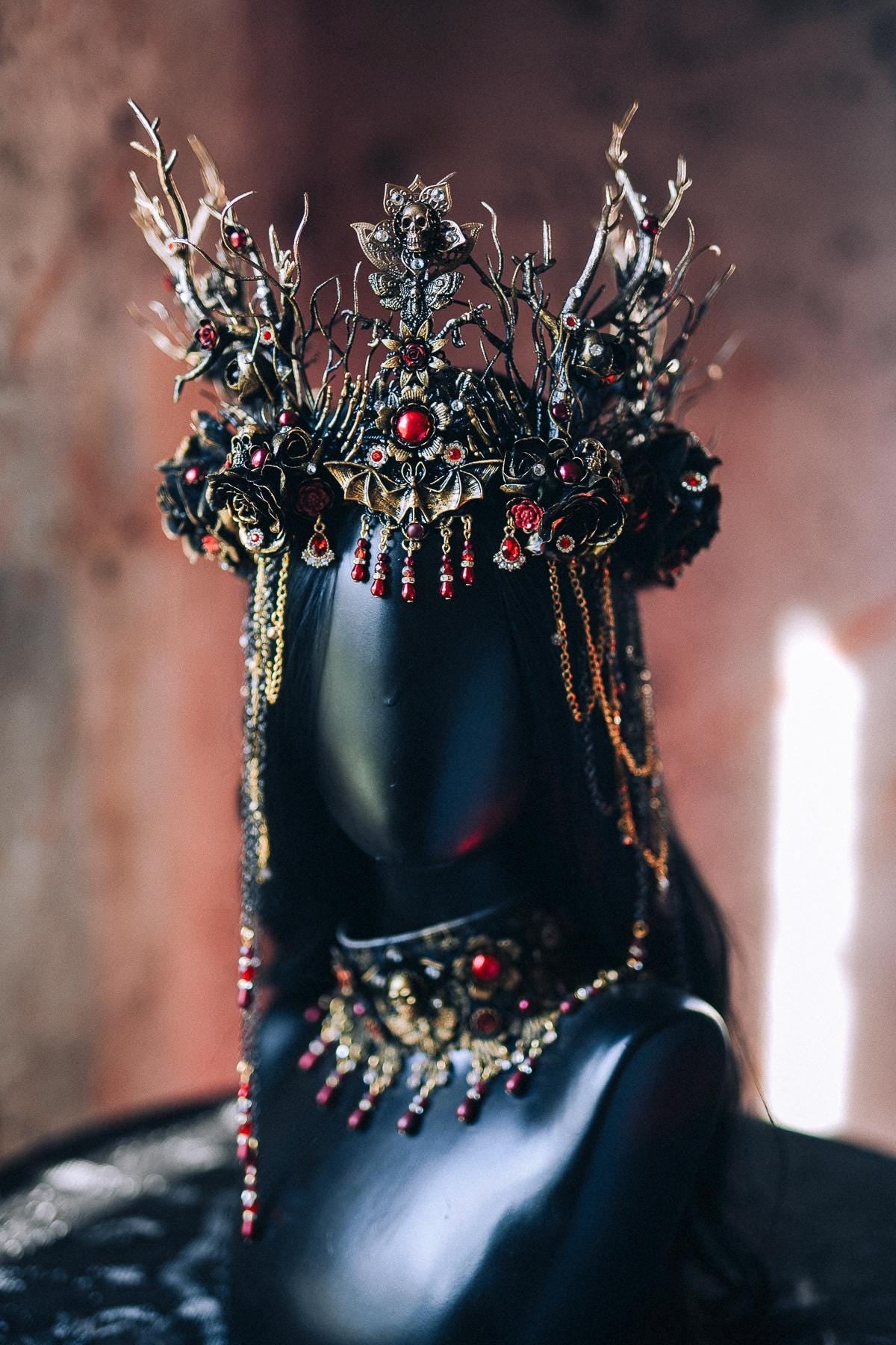 Gothic Morticia Addams Choker Black Red Gold Necklace Dark Queen Halloween Jewelry