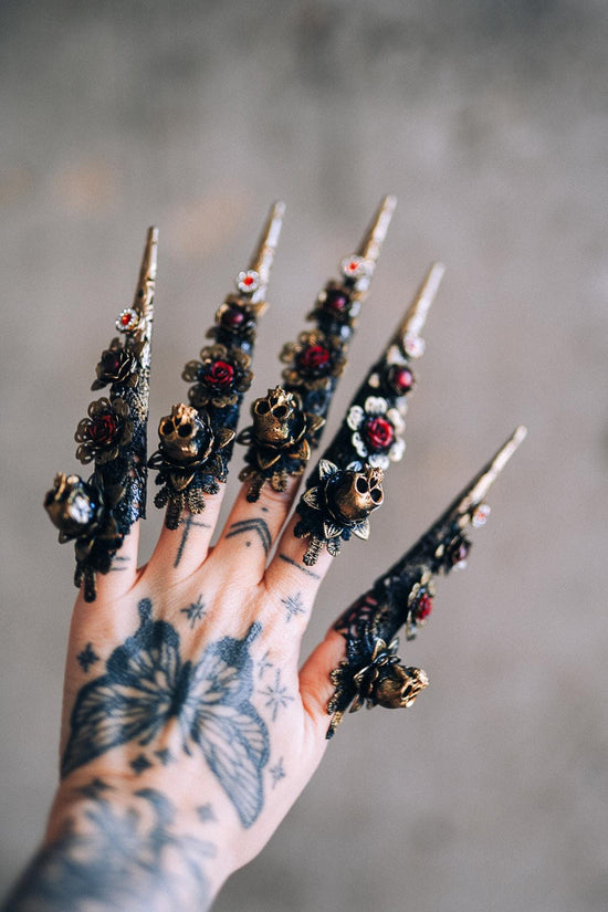 Gothic Morticia Addams Finger Claws Black Roses Red Crystals Skull Dark Queen Halloween Jewelry